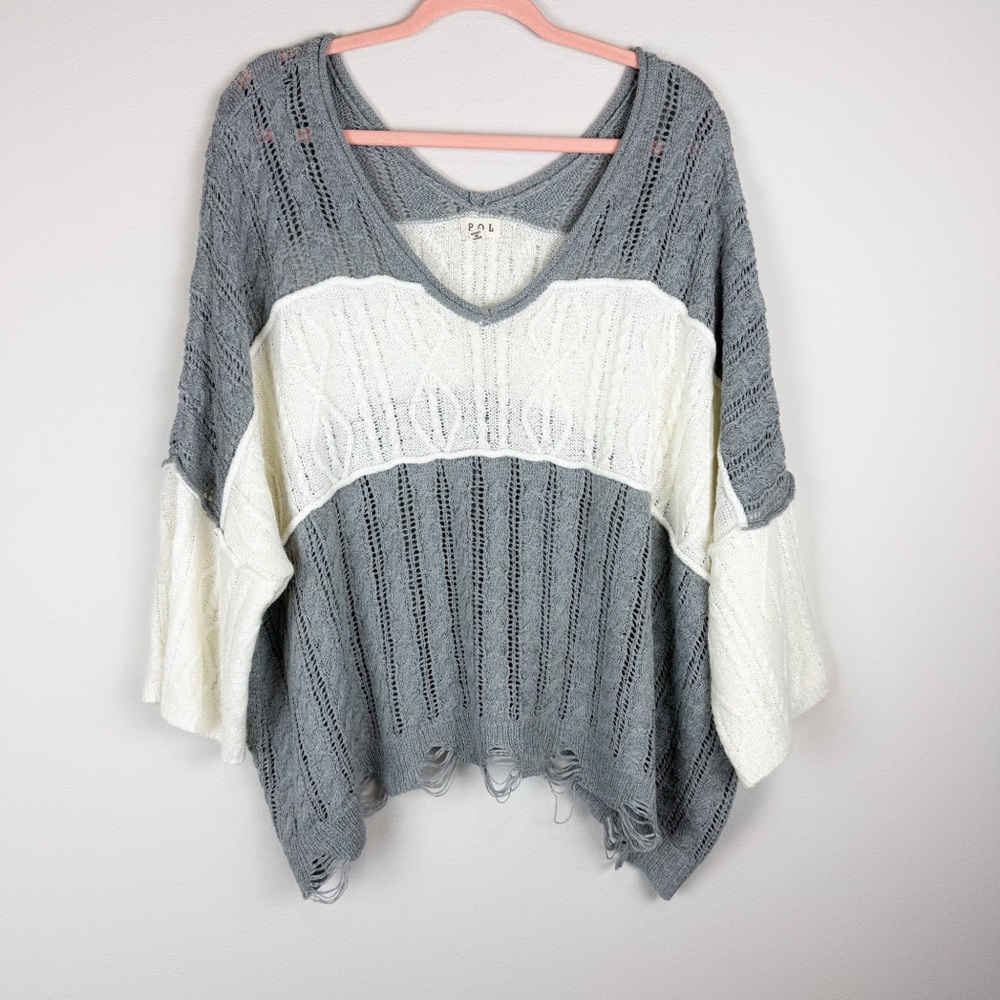 POL Gray and White V-Neck Stripe Knit Sweater